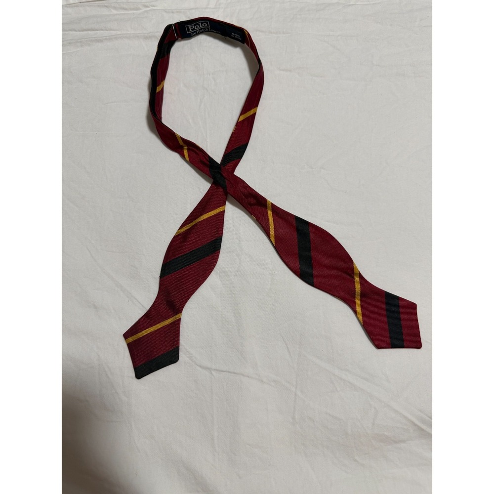 Polo Ralph Lauren Silk Bow Tie Red Navy Gold Striped Diamond Tip AS IS